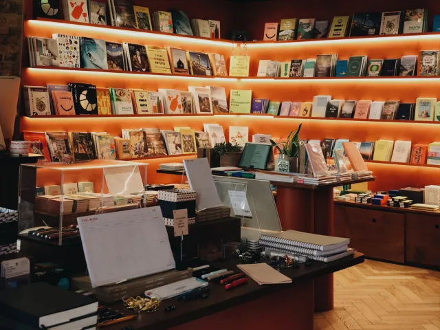 Bookshop and stationery store offering books, notebooks, and desk supplies.
