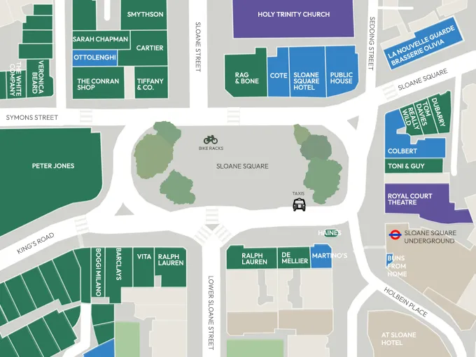 Sloane Square map highlighting nearby shops, restaurants, landmarks, streets, and transport links