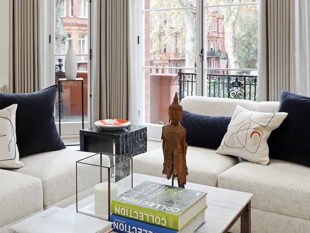 Chelsea living room designed for comfortable lounging and elegant entertaining